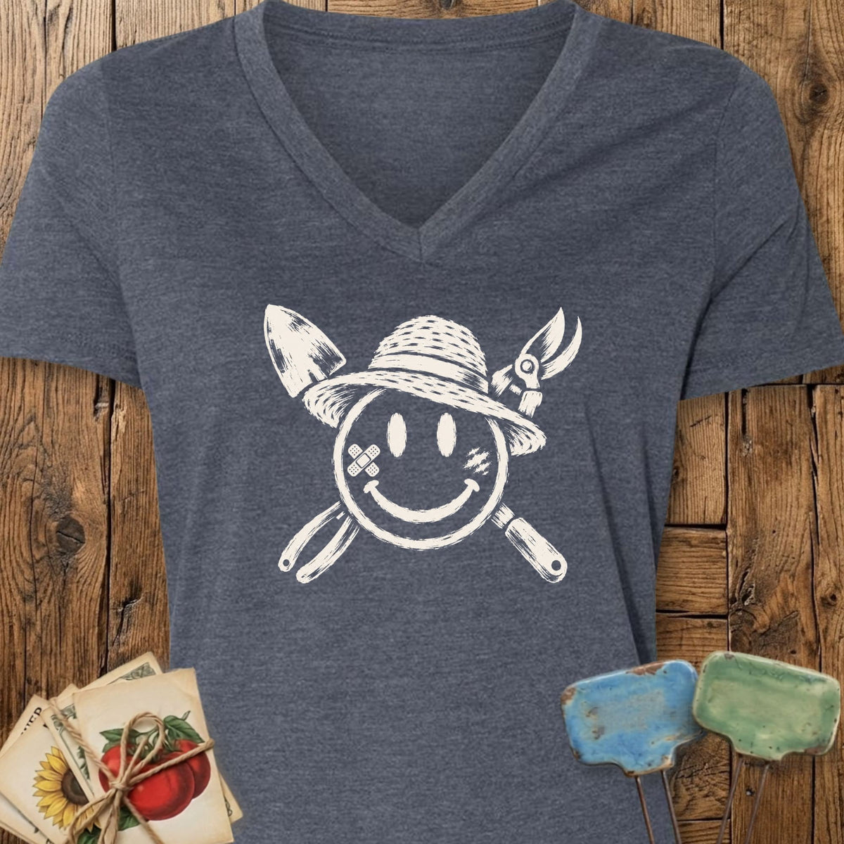 Printify V-Neck Heather Navy / S Sun Hat Smiley V-Neck