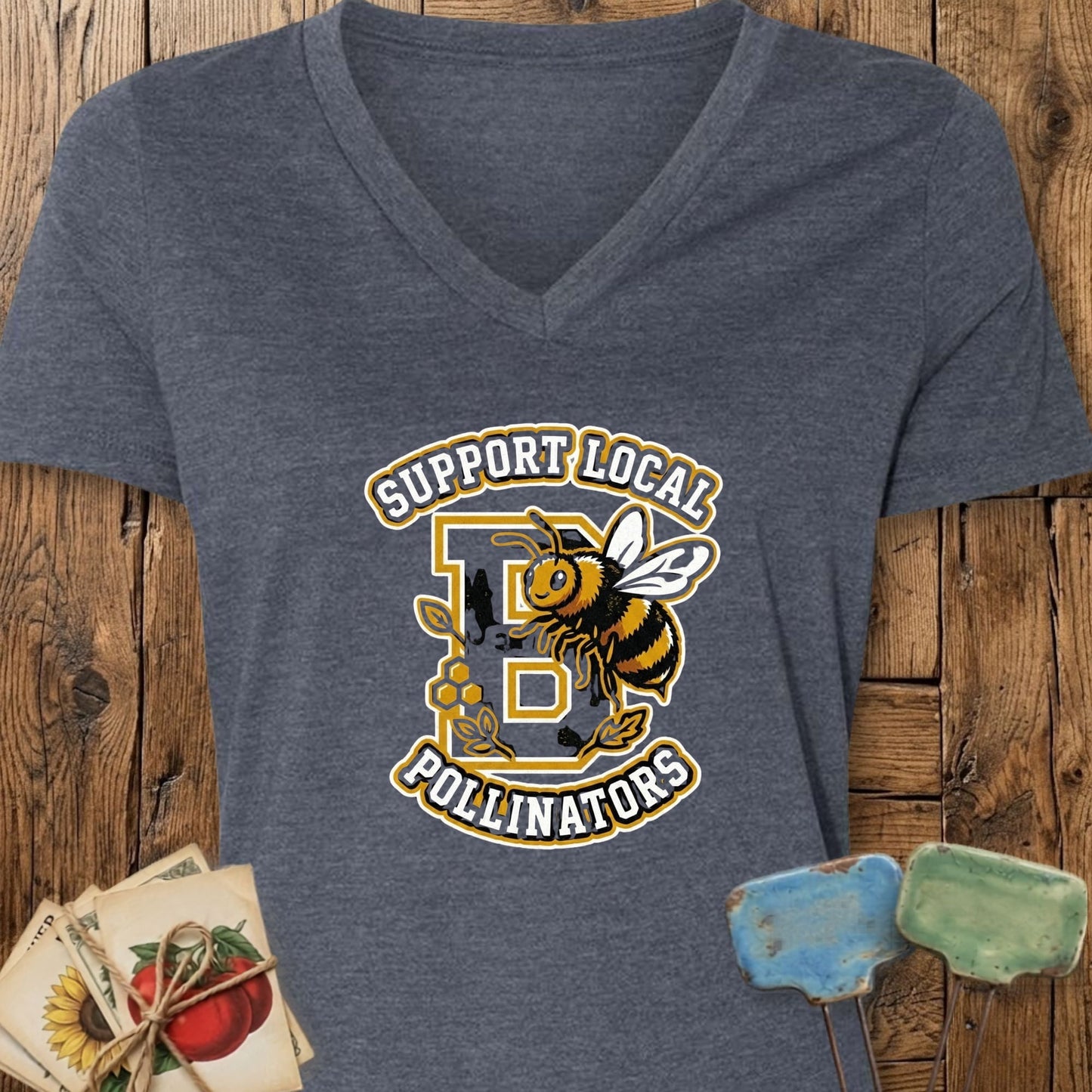 Printify V-Neck Heather Navy / S Varsity Pollinator V-Neck