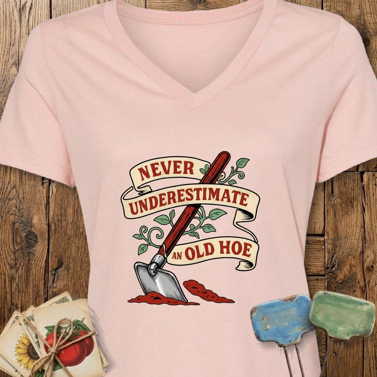 Printify V-Neck Heather Peach / S Never Underestimate an Old Hoe V-Neck