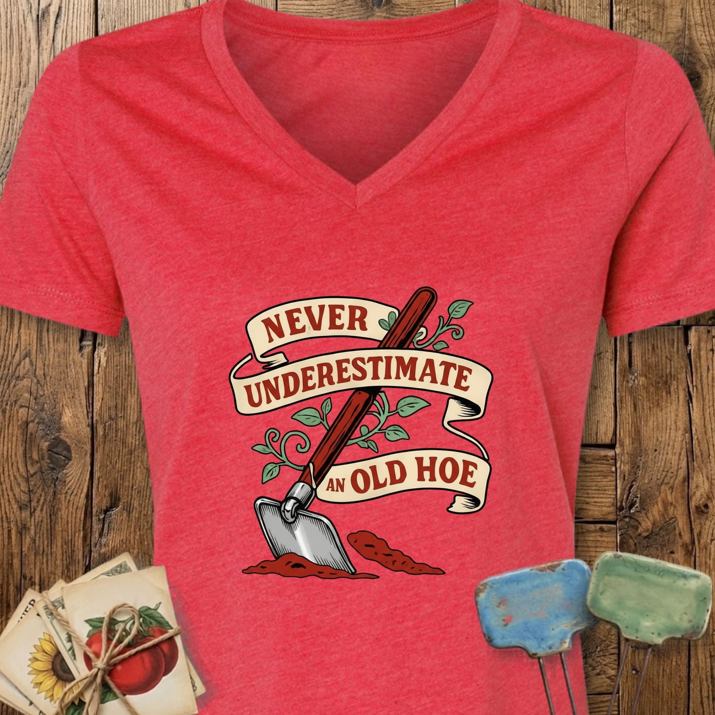 Printify V-Neck Heather Red / S Never Underestimate an Old Hoe V-Neck